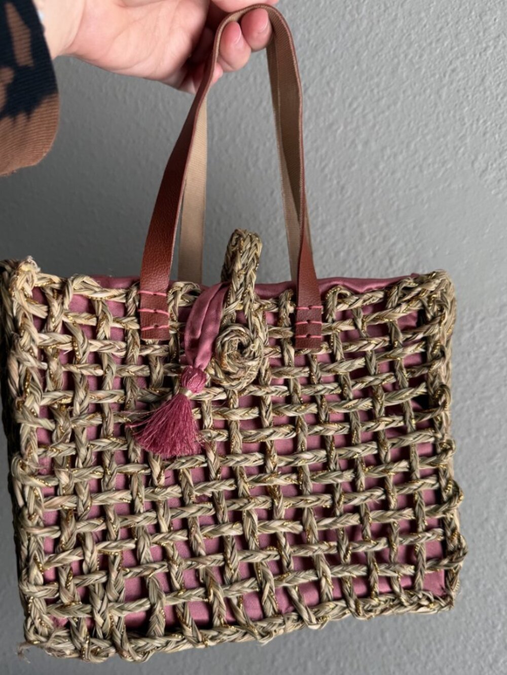 Simo Sastre Organic Woven Straw Tote Bag - Pink Lining Handmade Spain - NWOT